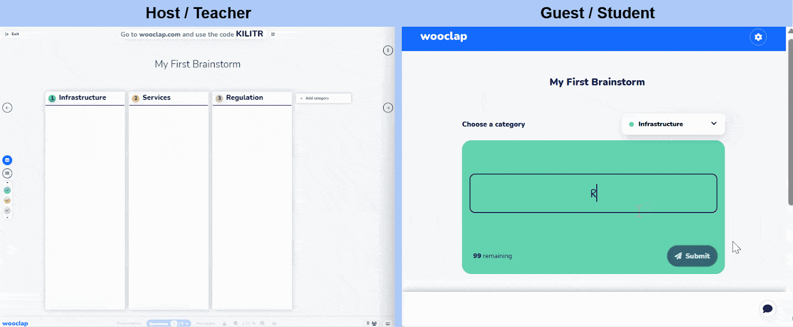 Wooclap’s Brainstorm feature allows participants to write out their thoughts on different topics, while the hosts receive their answers in real time, grouped in fitting categories.