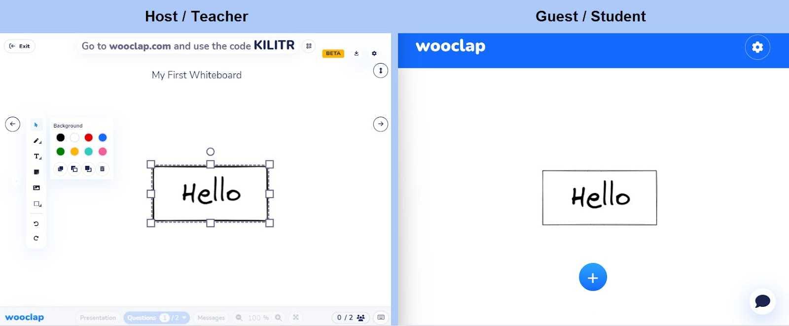 Wooclap’s Whiteboard feature provides various whiteboarding tools like pens, texts, sticky notes, and shapes for the host to use, meanwhile guests can view changes on the whiteboard in real time.