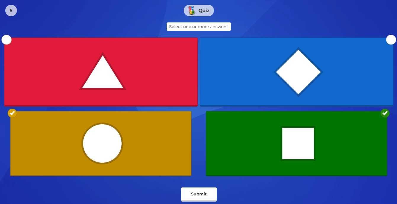 Kahoot’s attendee interface only presents buttons to answer the question while questions are displayed only on the presenter's screen.