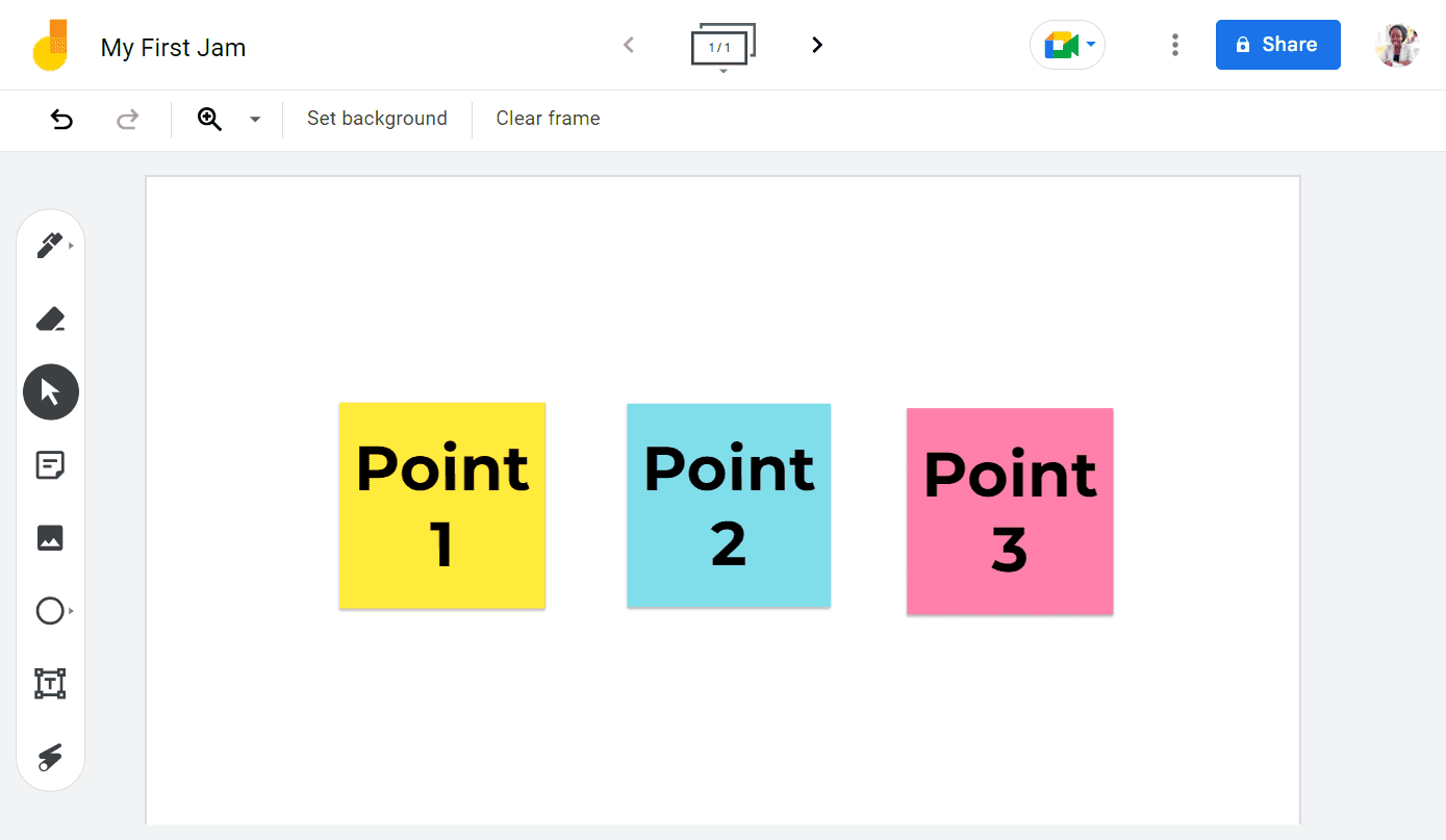 Jamboard’s interface has a whiteboard in the center, toolbar with whiteboarding tools on the left, and toolbar for settings on the top.