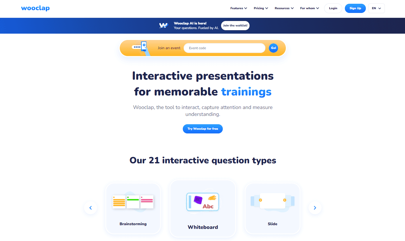 Wooclap’s homepage has a slogan: ‘Interactive presentations for memorable trainings’