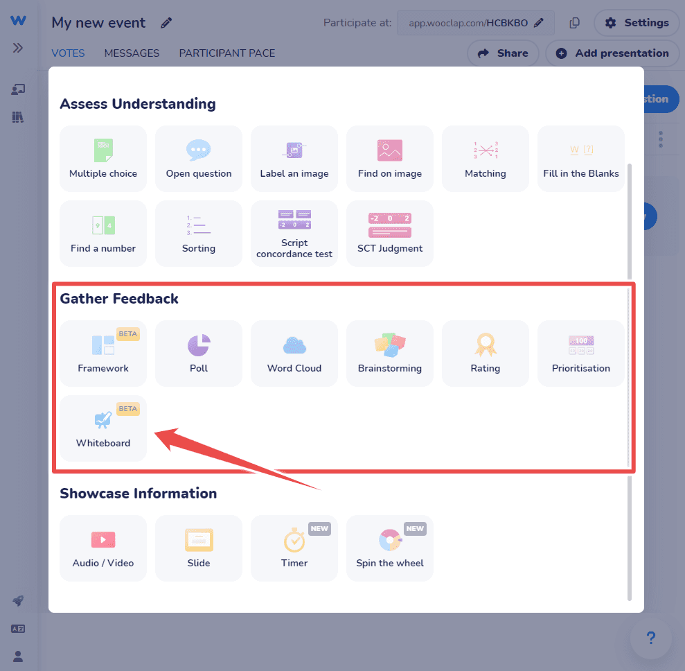 Wooclap’s 21 question types are divided into three groups: questions to assess understanding, showcase information, and gather feedback; the latter includes a whiteboarding tool.