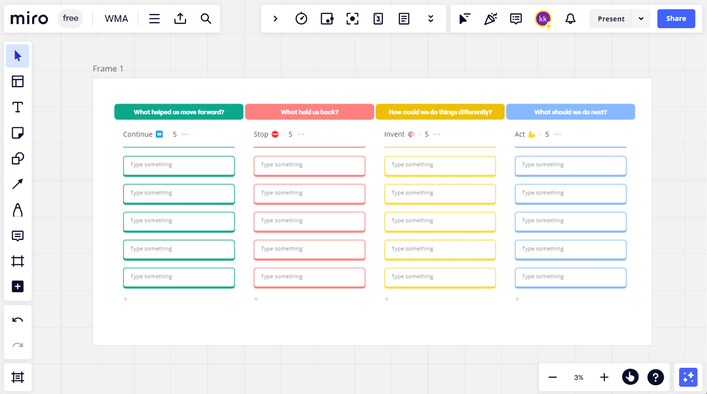 Miro’s whiteboard interface has a space for infinite frames with whiteboards in the center, whiteboarding tools like text, pen, and sticky notes on the left, and other settings on the top.