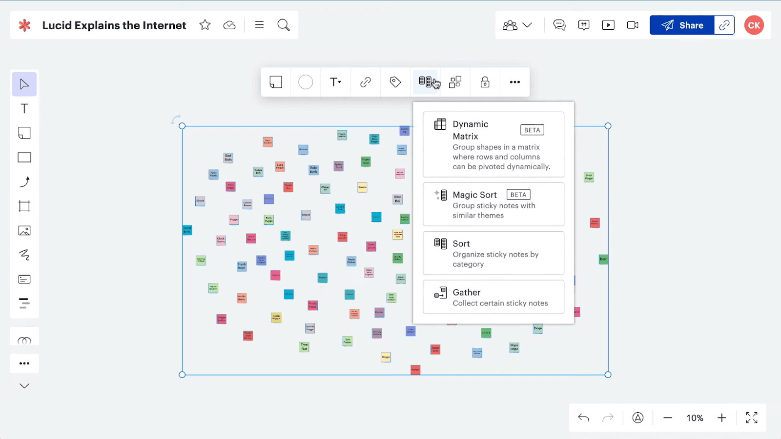 Lucidspark’s interface has a space for infinite frames with whiteboards in the center, a toolbox on the left, and a movable toolbar with specific settings for each tool.