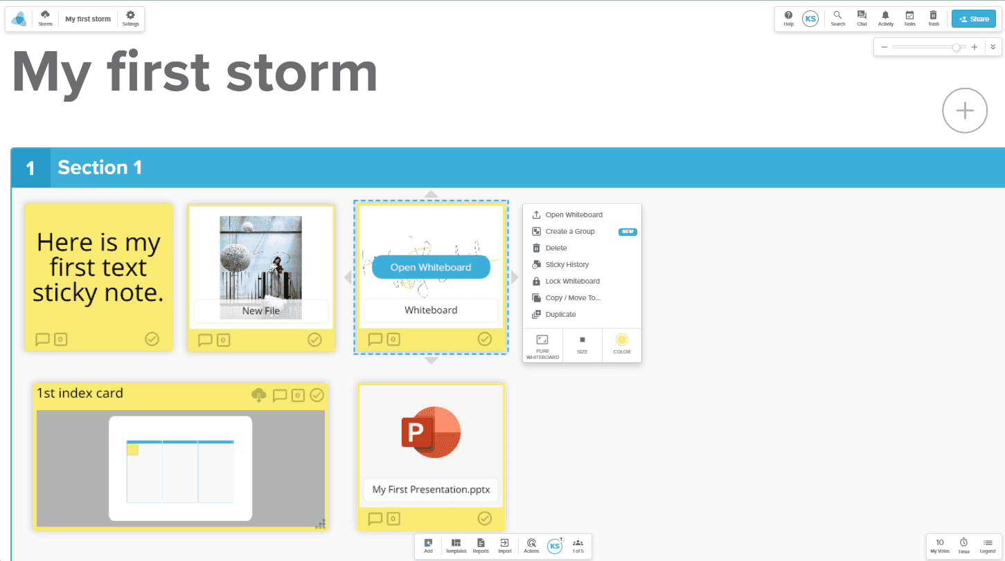 Stormboard’s interface is set like a board, where ideas are collected in separate boxes with various content formats like text, images, whiteboards, index cards, and documents.