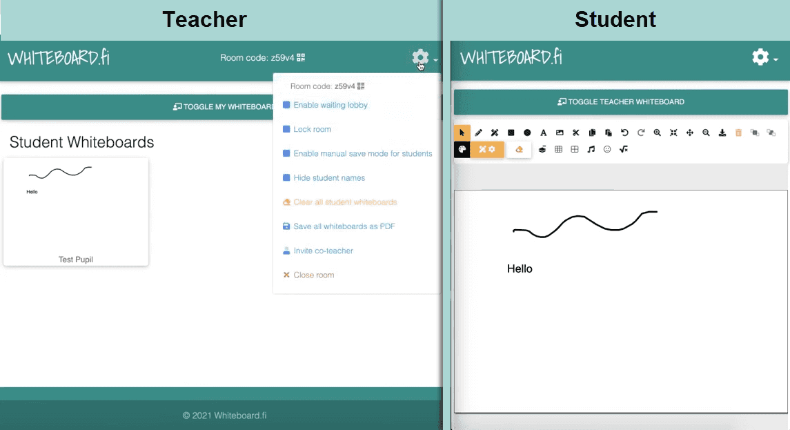 Whiteboard.fi’s interface allows students to each have their own whiteboard, while the teacher has all the students’ whiteboards on the private dashboard for easy overview and access.