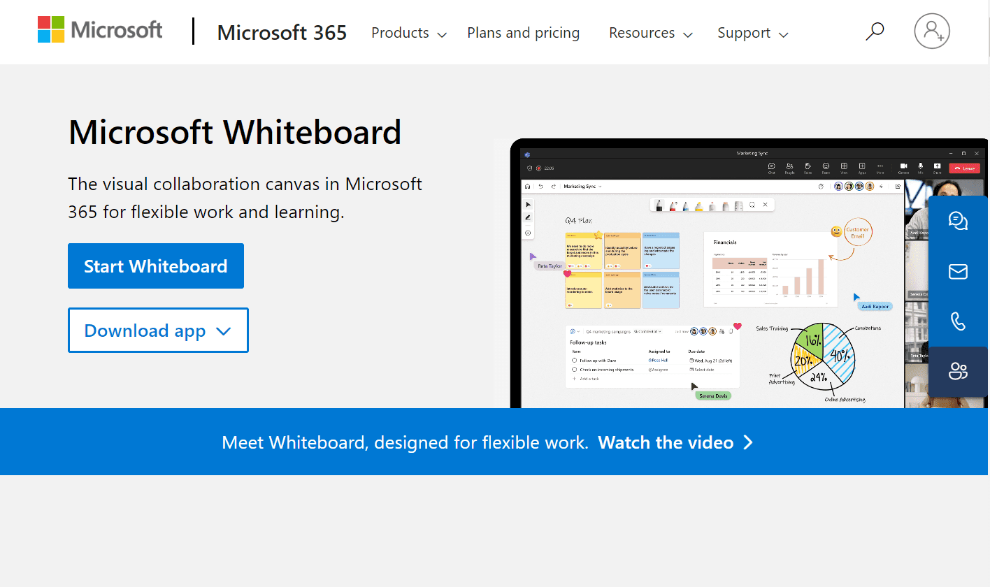 Microsoft Whiteboard’s homepage has a slogan: ‘The visual collaboration canvas in Microsoft 365 for flexible work and learning’.