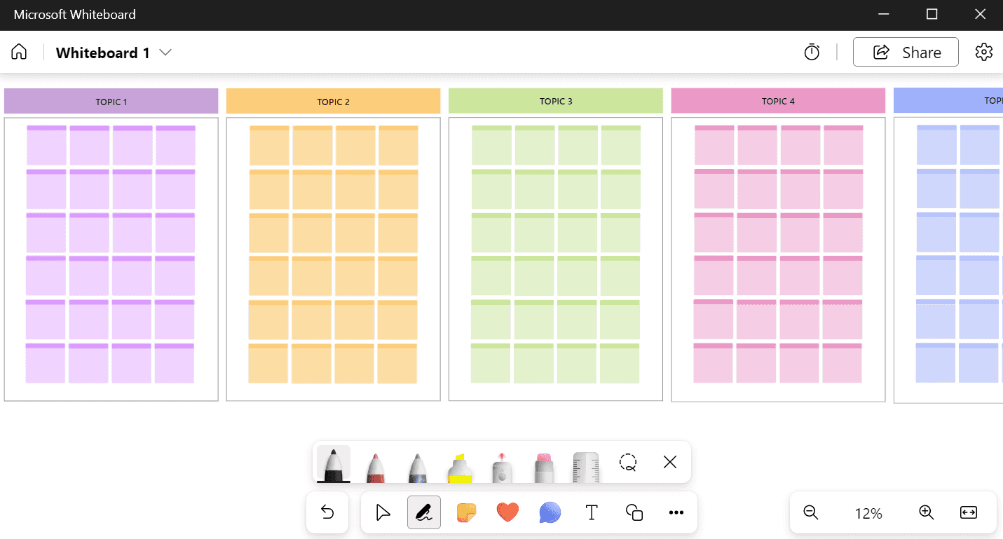 Microsoft Whiteboard’s interface is a finite whiteboard with a toolbar in the bottom center, which includes pens, sticky notes, shapes, text, and more.