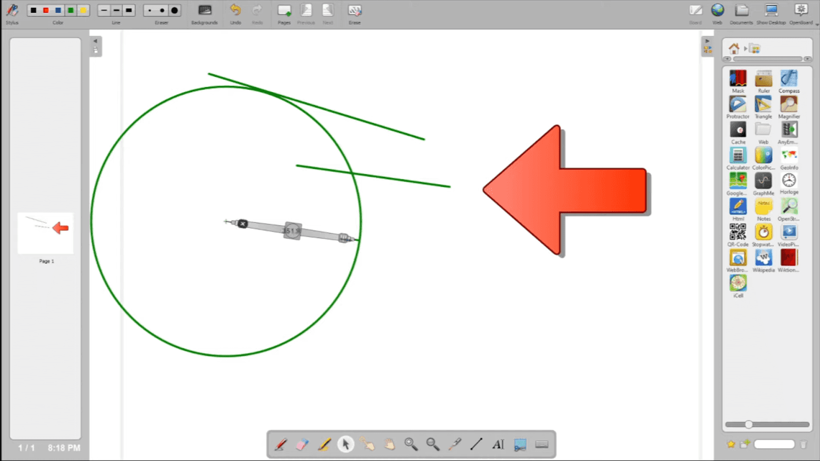 OpenBoard’s interface is a finite whiteboard canvas with a toolbar on the right and other specific settings for color, thickness, and sizing, on the top.