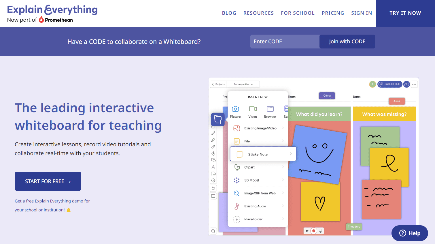 Explain Everything’s homepage has a slogan: ‘The leading interactive whiteboard for teaching’.