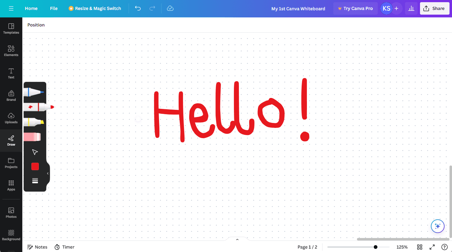 Canva’s whiteboard interface has dotted grid, instead of pure white background, and along with all the basic drawing tools, it provides elements in image and video formats.