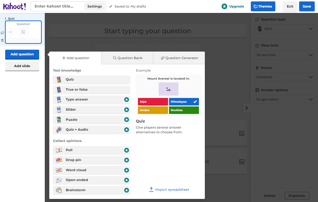 Kahoot's question builder is colorful and cluttered with information, which could alienate first-time users.