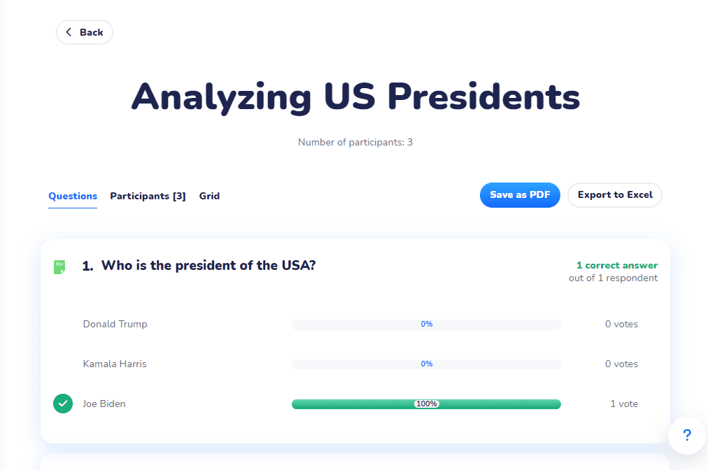 Wooclap’s Responses tab compiles all responses in one place for easier analysis and feedback.